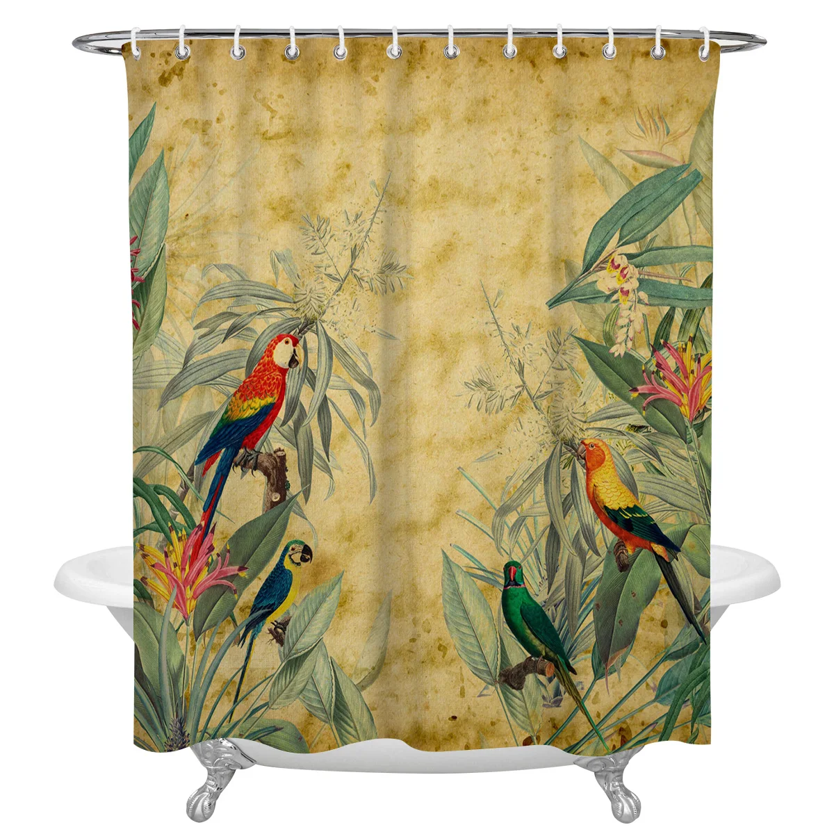 Parrot Flowers Plant Retro Waterproof Bathroom Decoration Shower Curtain With Hook Printed Bathtub Curtains Bathroom Accessories