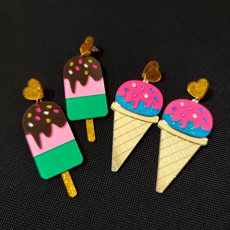 KUGUYS Lovely Summer Ice Cream Stick Dangle Earrings for Women Glitter Acrylic Long Drop Fashion Jewelry Trendy Accessories