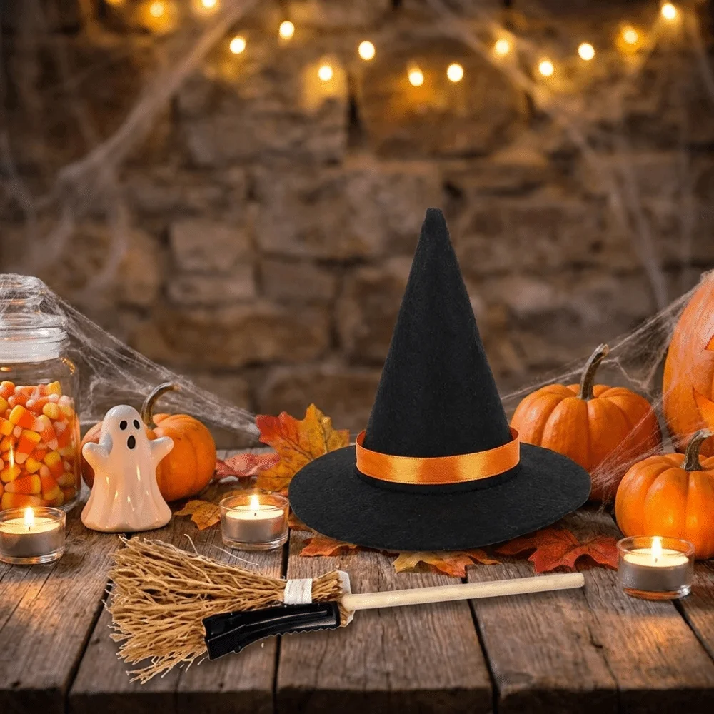 2pcs/set Mini Hair Clips Set Witch Hat Shape Small Broom Shape Hair Barrettes Trick or Treat Realistic Cosplay Accessory