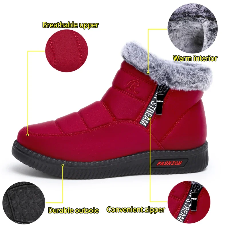 TPR Sole Non-Slip Winter Snow Boots Thick Fleece Warm Side Zipper Fashion Solid Color Waterproof Cotton Boots for Women Men