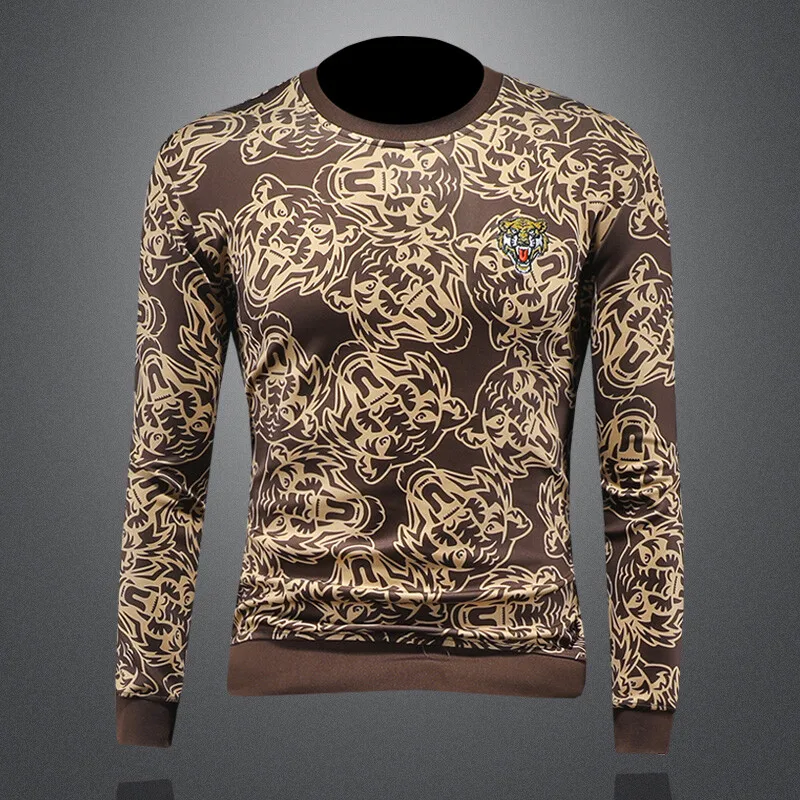 

Casual Men's Long Sleeve Sweatshirt round Neck Pullover Top Tiger Embroidery Fashion Urban Style Autumn Winter New Arrival
