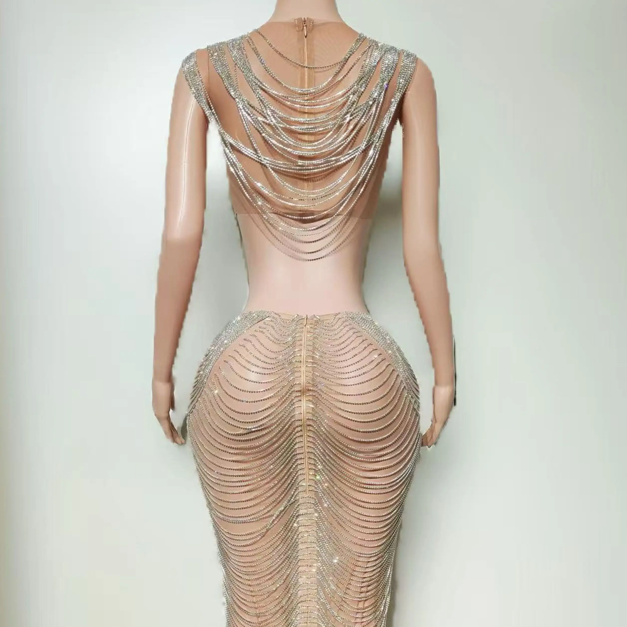 2025 Sexy Stage Costumes Perspective Mesh Chain Dress Nightclub Bar Dj Performance Singer Gogo Dancers Festival Clothes DN20819