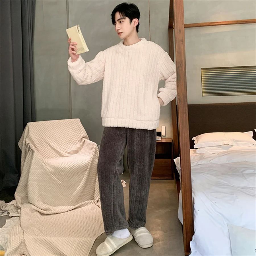 Casual Men\'s Autumn Winter Warm Pajamas Set Warm Coral Fleece Striped Pullover + Plush Pants 2Pcs Sleepwear Male Homewear