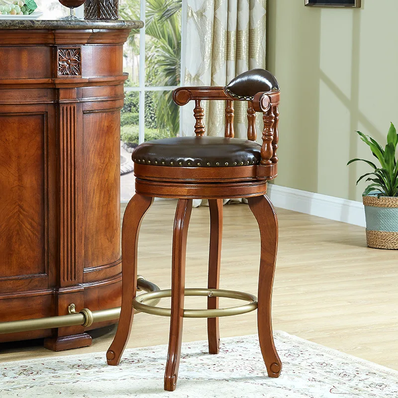 

American solid wood bar chair household high chair rotating backrest bar stool restaurant European leather bar chair