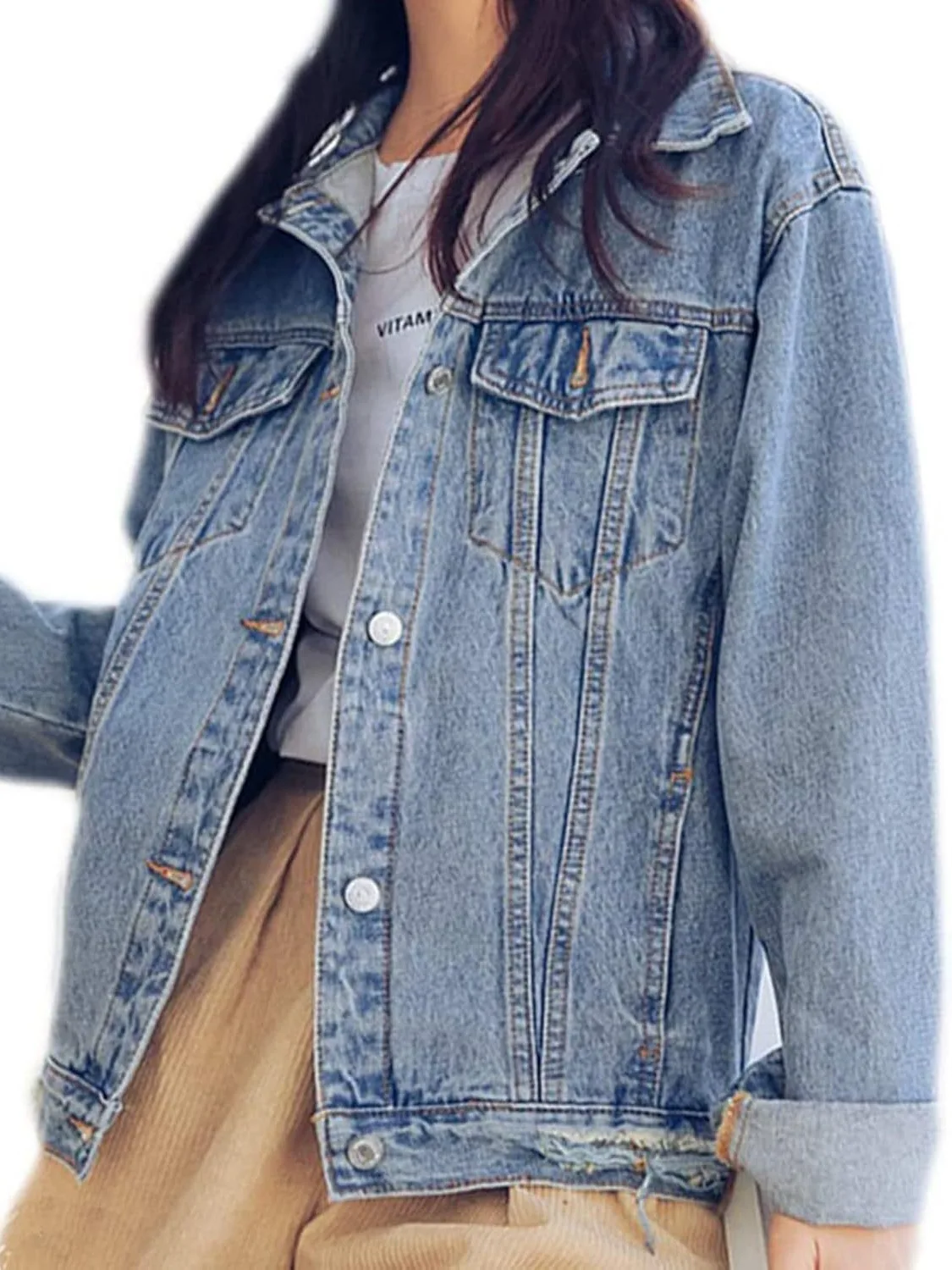 แจ็คเก็ตยีนส์ทรงบอยเฟรนด์แบบโอเวอร์ไซส์ สไตล์ดิสเทรส สำหรับผู้หญิงและเด็กผู้หญิง เสื้อโค้ทยีนส์ทรงทรัคเกอร์