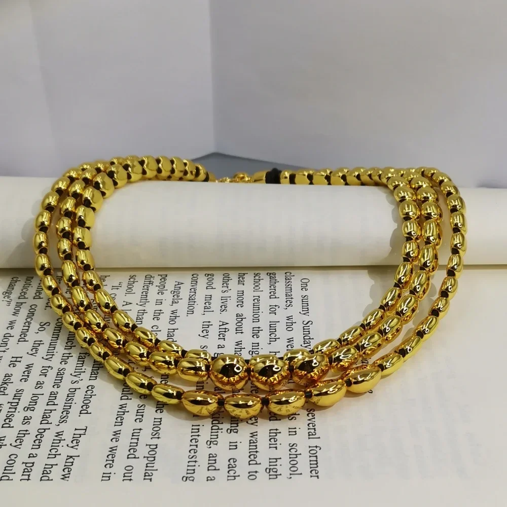 2025 summer new retro hip-hop metallic three-layer gold bead necklace with neutral accessories, give friends party gifts