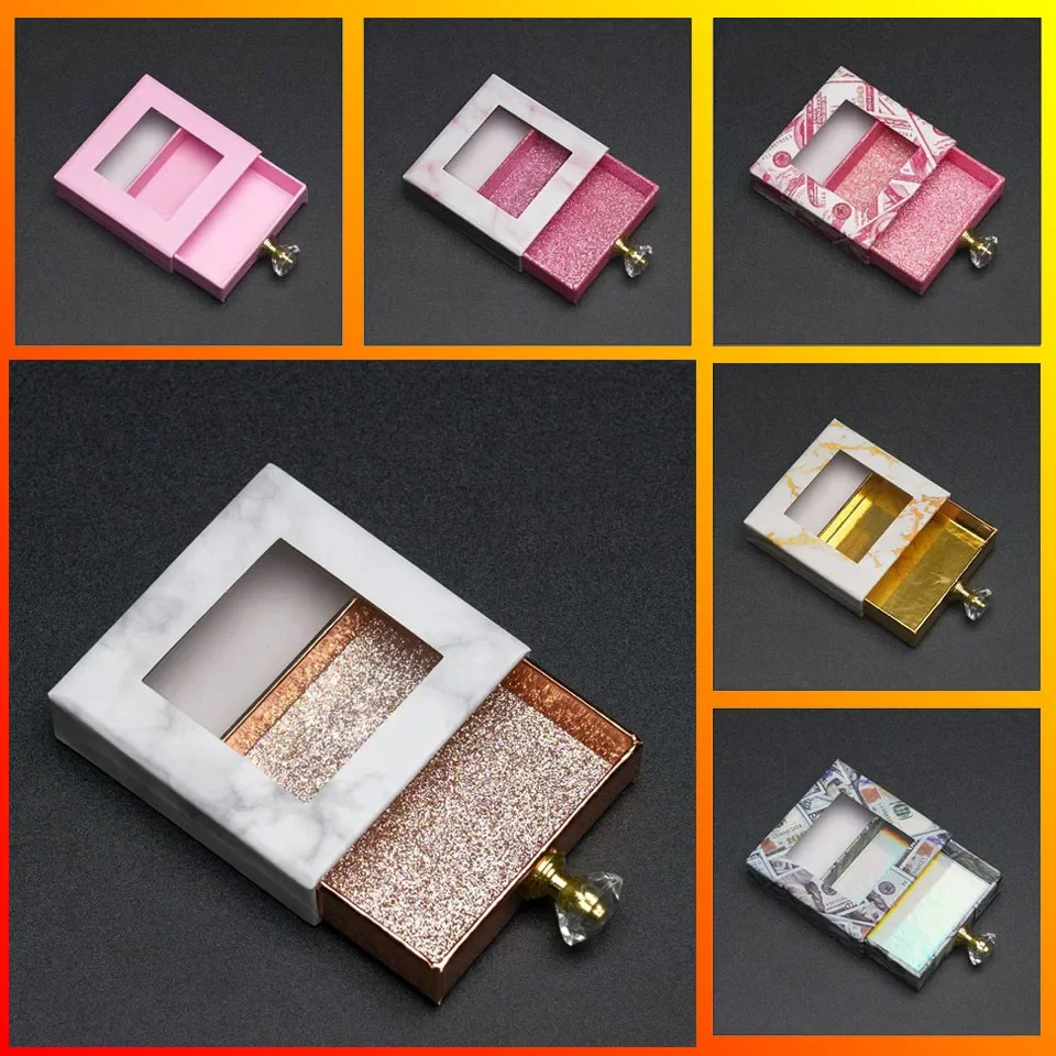 Private Label Lashes Boxes Mink Eyelashes Eyelash Packaging Rose Gold Diamond Handle Square Drawer Box Custom Lashbox Packaging