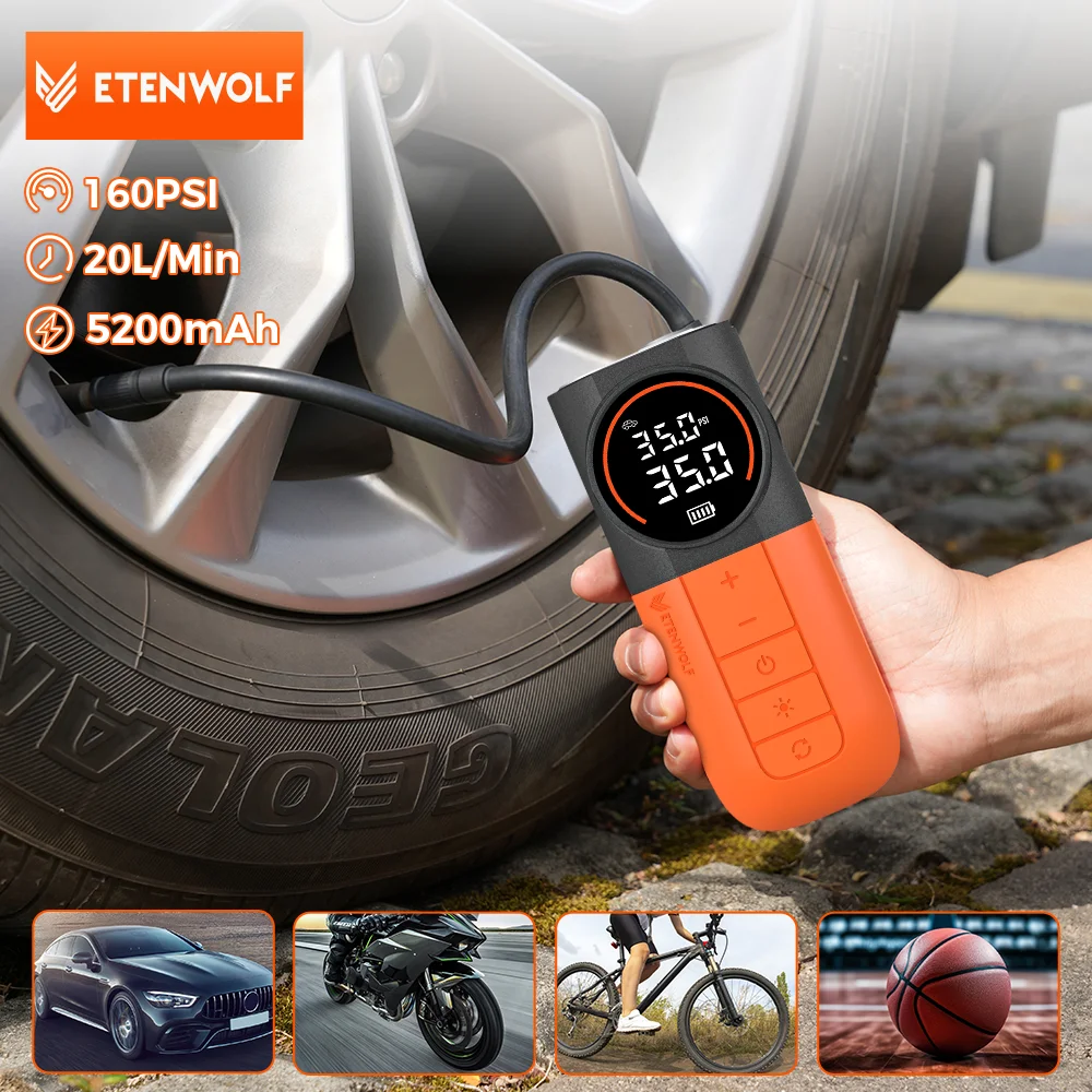Nuevo inflador de neumáticos portátil ETENWOLF de 5200mAh y 20L/min, compresor de aire para automóviles, motocicletas y bicicletas, bomba de aire para coche.