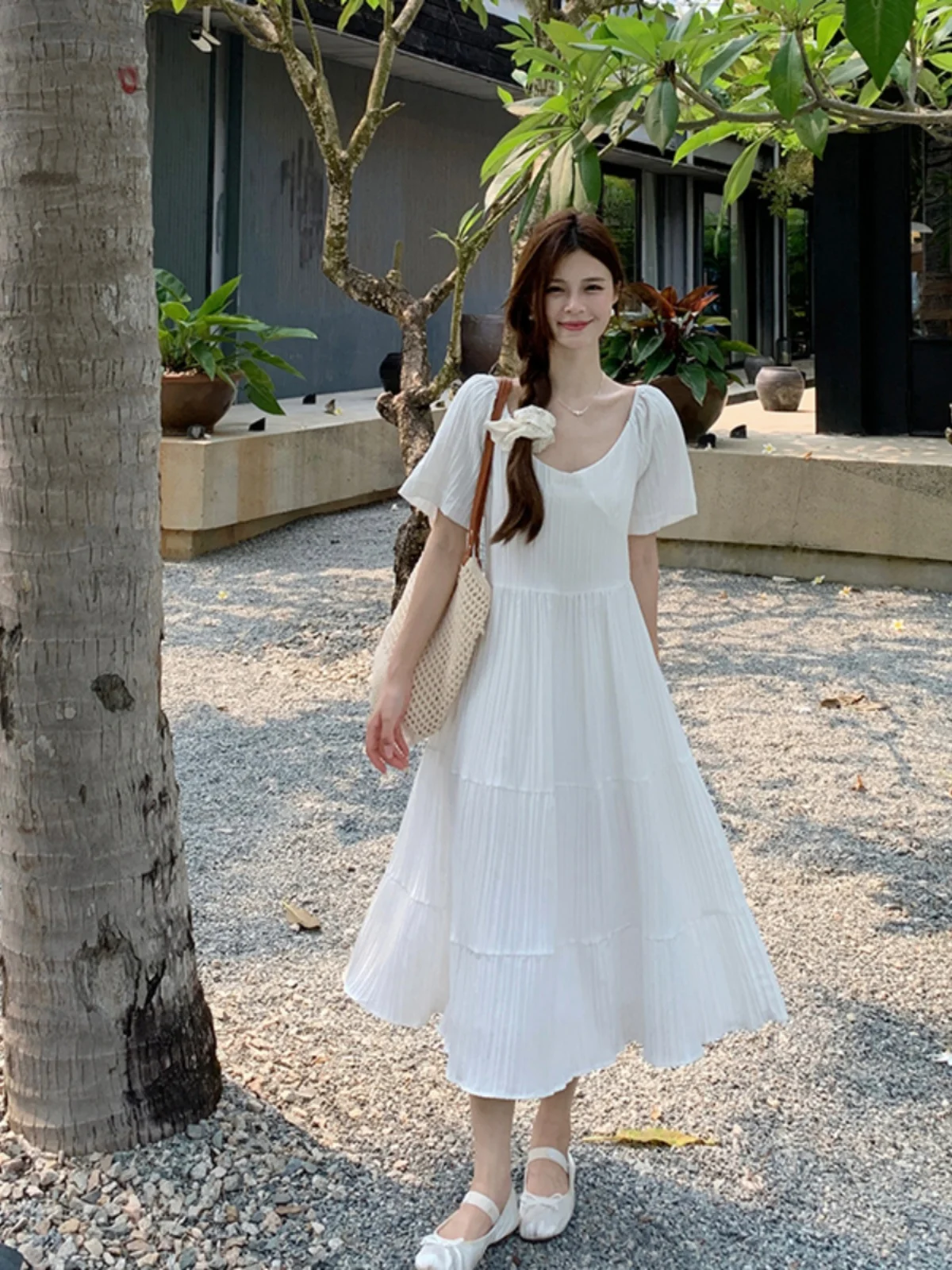 

plus Size Tea Break Short Sleeve Dress Summer New Waist Cinching Slimming Gentle Fairy Knee-Length Long Dress Women's Fashion