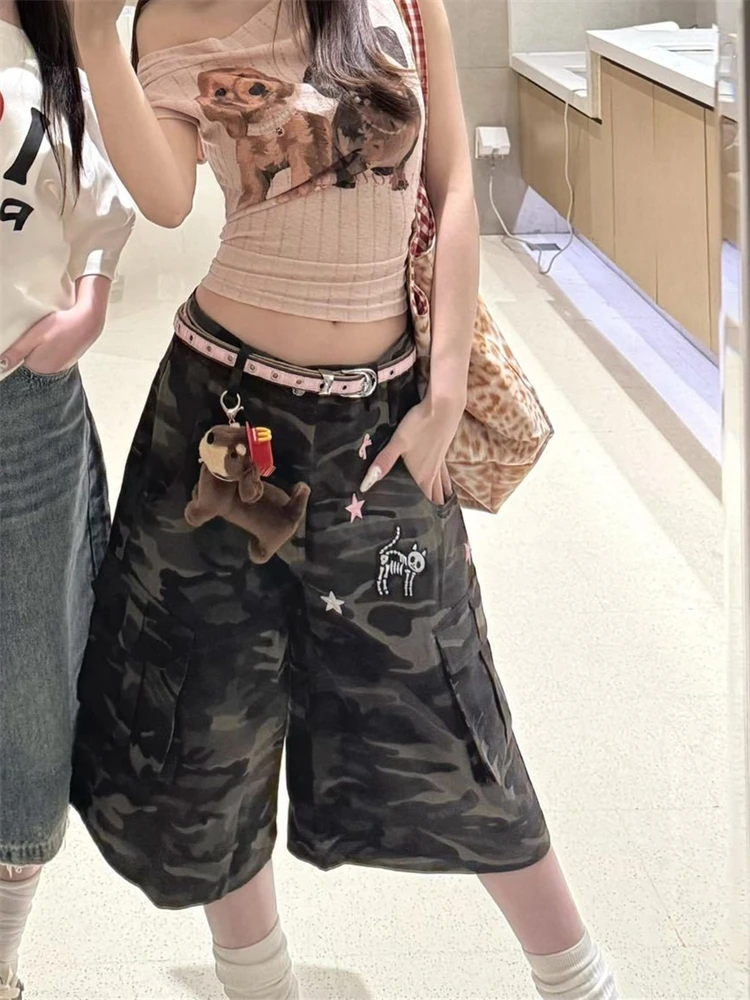 Women's Cartoon Embroidery Pattern Camouflage Shorts Young Girl Capris Casual Bottom Female Summer Street Calf-length Pants