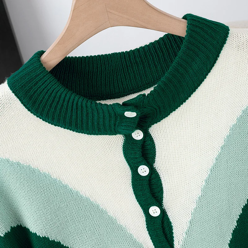 Nuevo Otoño Invierno Casual suelto contraste de Color de manga larga medio botón suéter de punto para mujer