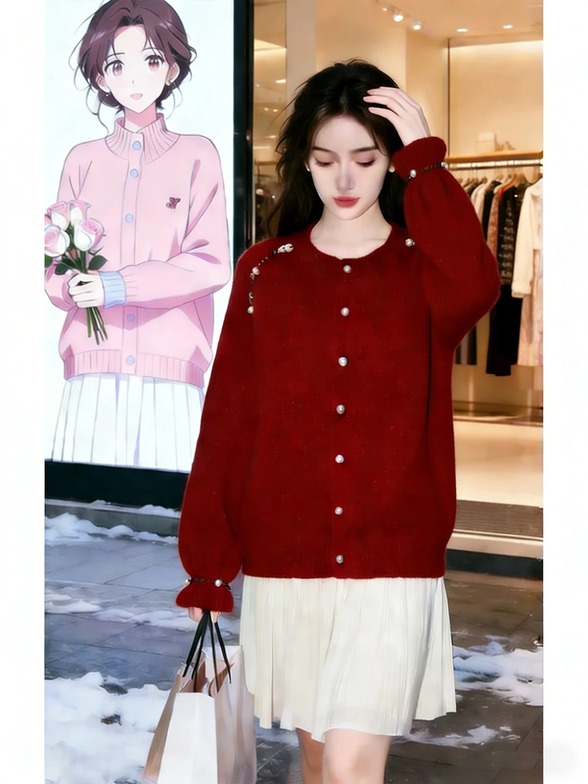 

Red Long Sve Knitted Open Cardigan Women's Winter New Sle High-End Bead Design Slimming Sweater Jaet Casual Loose Fit