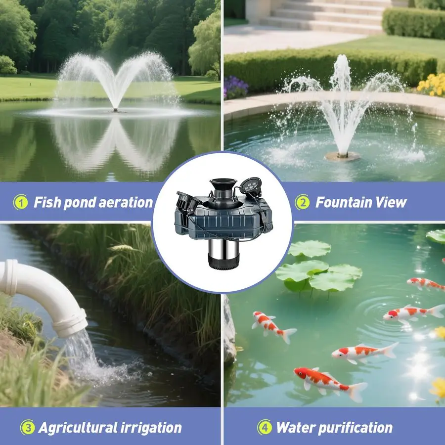 LED Pond Fountain with RGB Lighting System, Stainless Steel Rotor, AllCopper Motor, Remote Control, Dynamic Color Changing, for