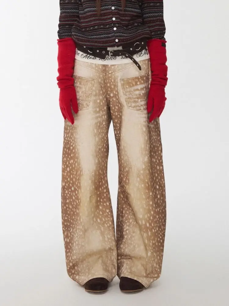 

Spring American retro contrasting embroidered jeans design sense deer print long pants