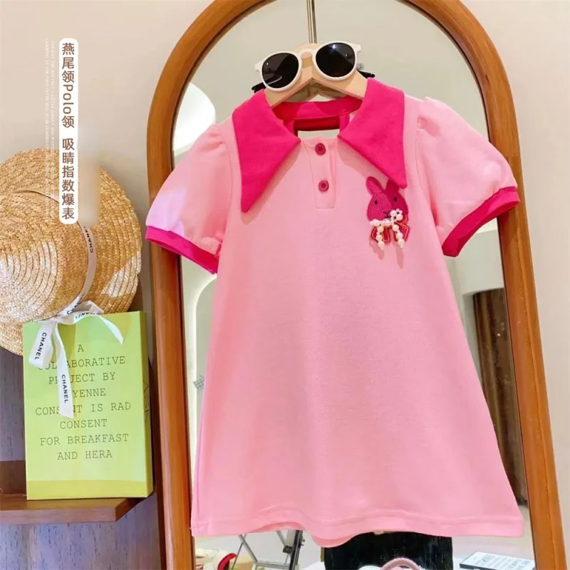 

New Girls' Dress Summer Clothes2024Summer Children's Western StylepoloPrincess Dress Little Girl Bowknot Dress