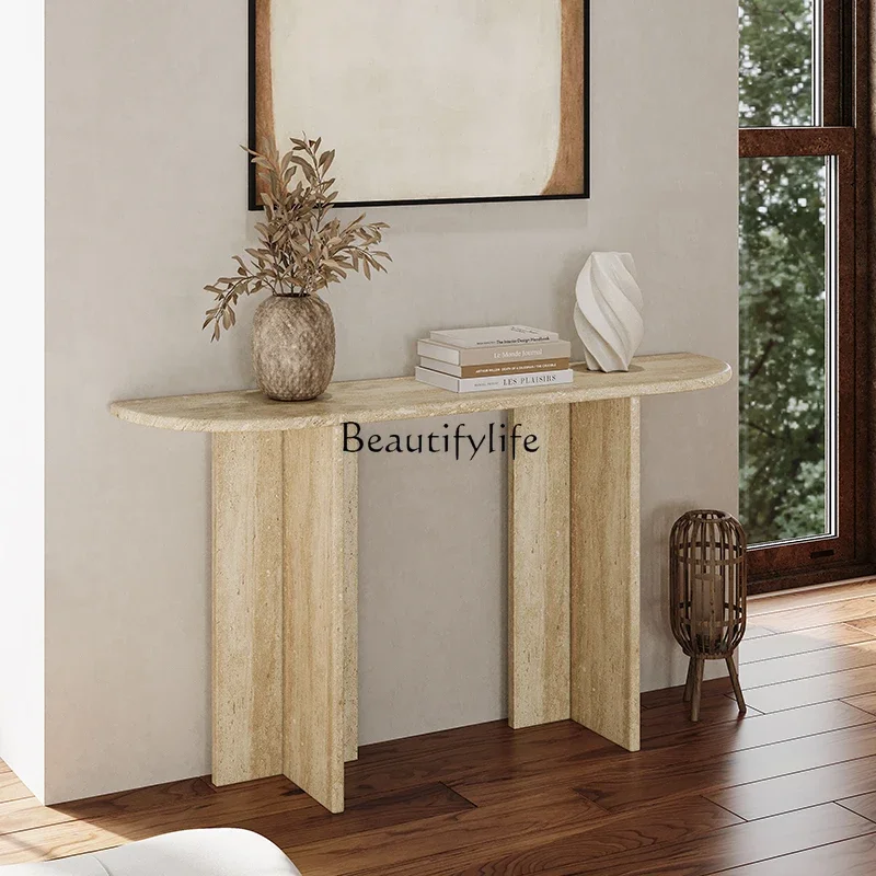 Modern simple natural travertine entrance porch table against the wall wabi sand wind marble plan