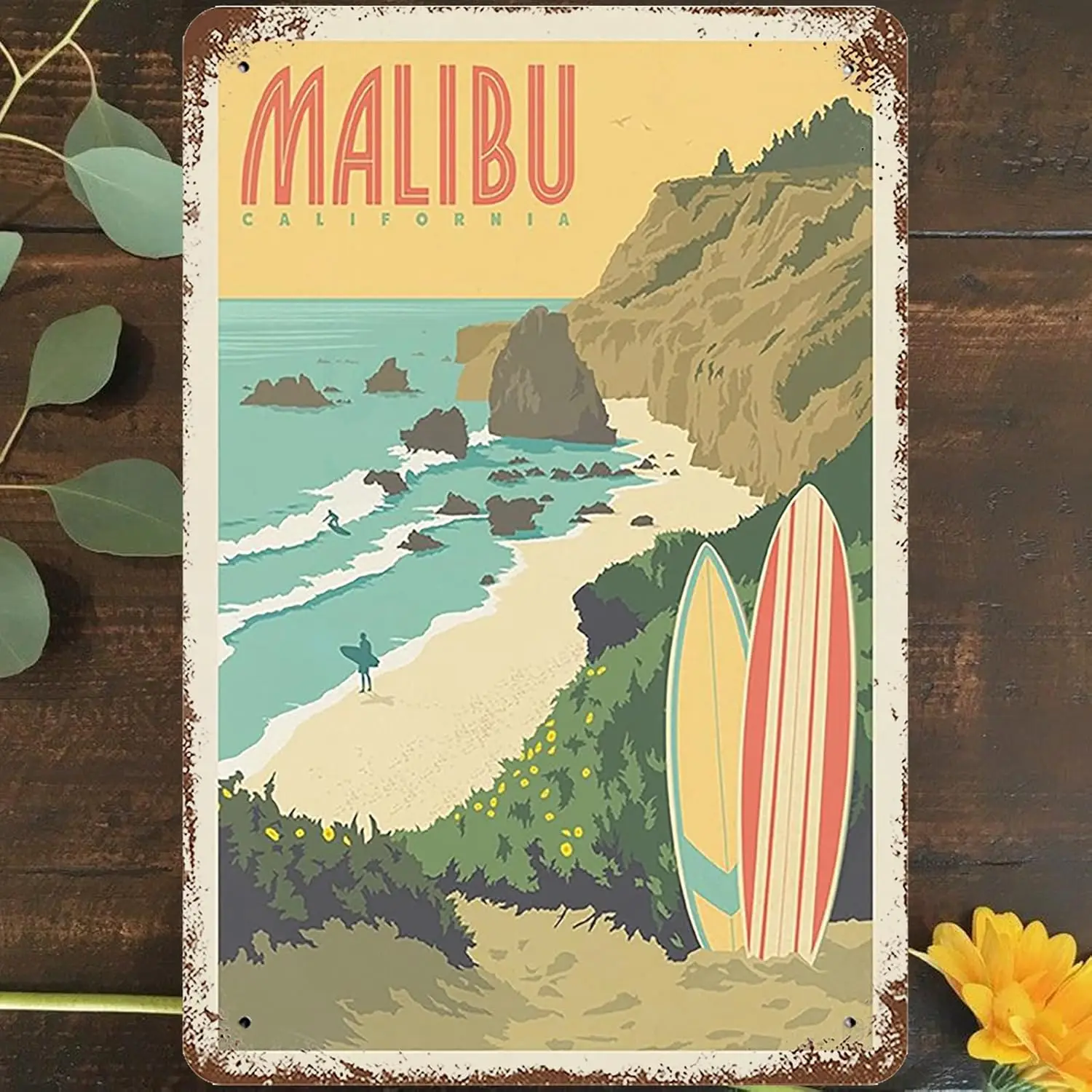 Vintage Metal Tin Sign Malibu Beach Wall Art Decor, California Surfing And Surfboard Poster for Home Living Room Bedroom Garden