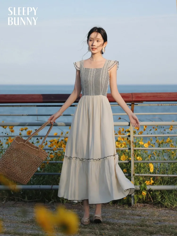 

Plaid Patchwork Maxi Dress Women Summer Sweet Ruffle Sleeve Long Dress Slim Fit High Waist Cottagecore Vacation Sundress Outfit