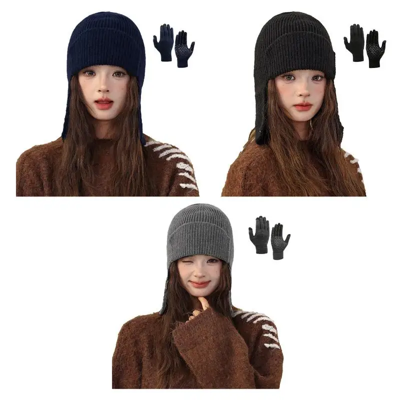 winter warm knit hat And Gloves Two-Piece Elastic Breathable Gloves Beanie Hats Outdoor windproof casual Trendy hat scarf set