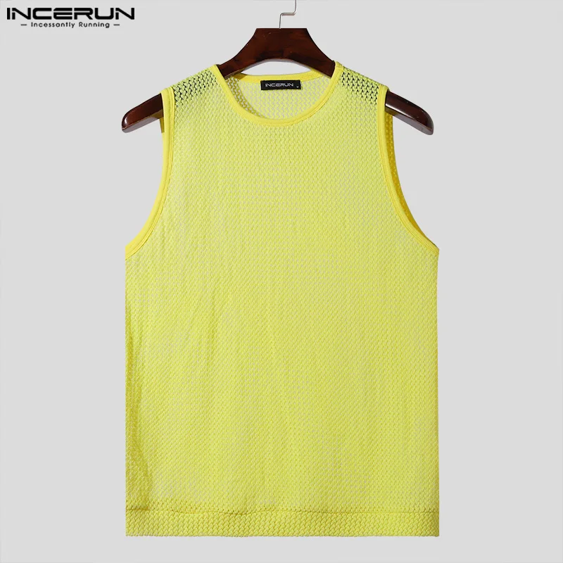 INCERUN Tops 2024 American Style Men\'s Solid Hollow O-neck Design Vests Casual Streetwear Comfortable Sleeveless Tank Tops S-2XL