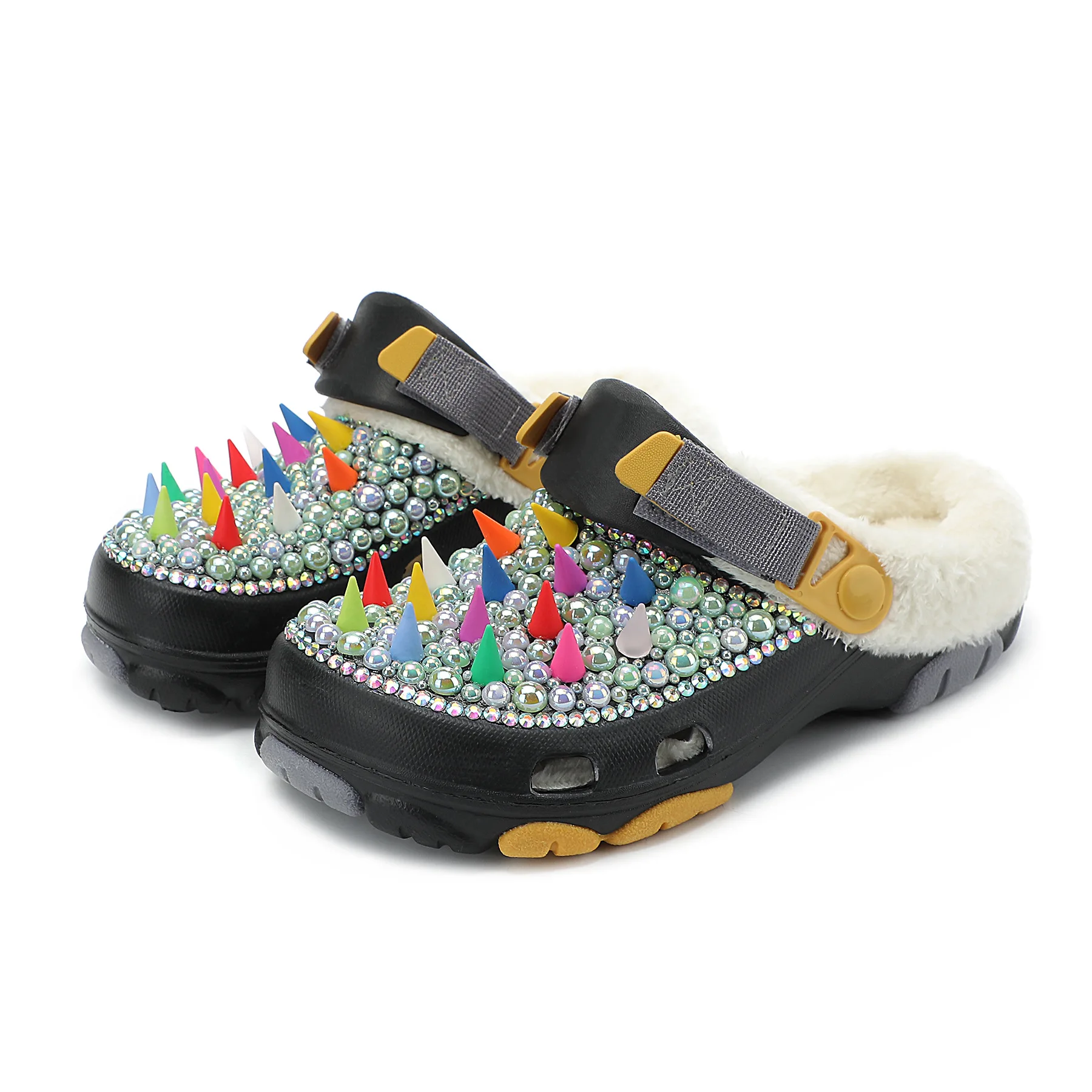 

Handmade Diamond Studded Pearl Rivet Hole Shoes, New Velvet Warm Cotton Slippers Women Shoes Soft