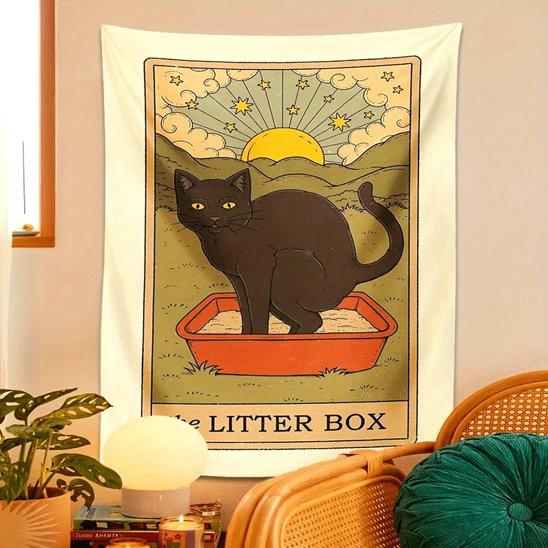 VIKAMA Katzen-Wandbehang, schwarze Katzentoilette, Sternenhimmel, Hügel, Wohnzimmer, Katzenhaus, niedliches Haustier, dekorative Kunst, Wandhintergrund