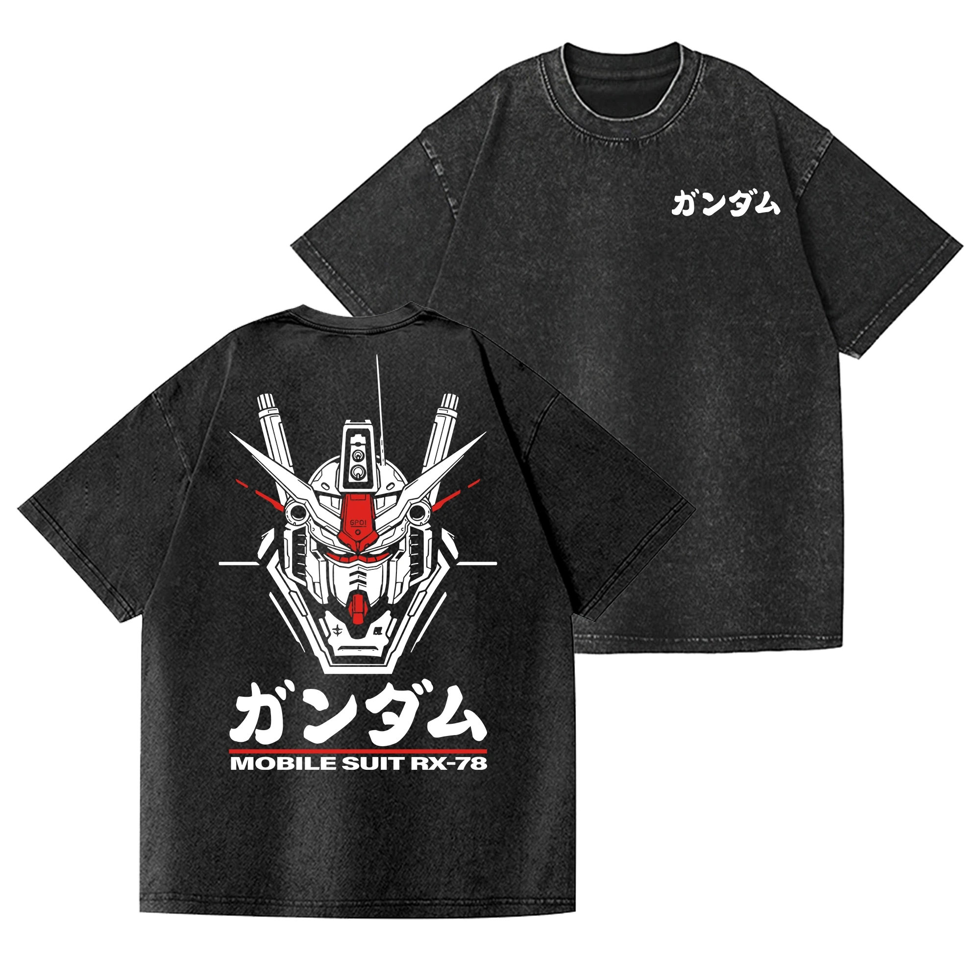 Gundam RX-78 GP01 T-Shirt Herren Vintage Acid Wash Mecha Blueprint Streetwear Übergroßes Retro Mobile Suit Japanisches Grafik-T-Shirt