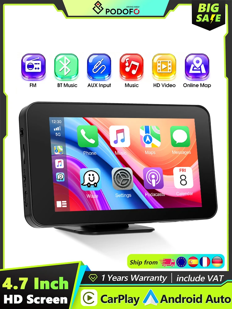 Podofo 4.7'' Carplay Automonitor Android Auto Mirror Link Draagbare Automonitor Bluetooth FM Transmissie USB TF Kaart EQ Geluid - afbeelding 2