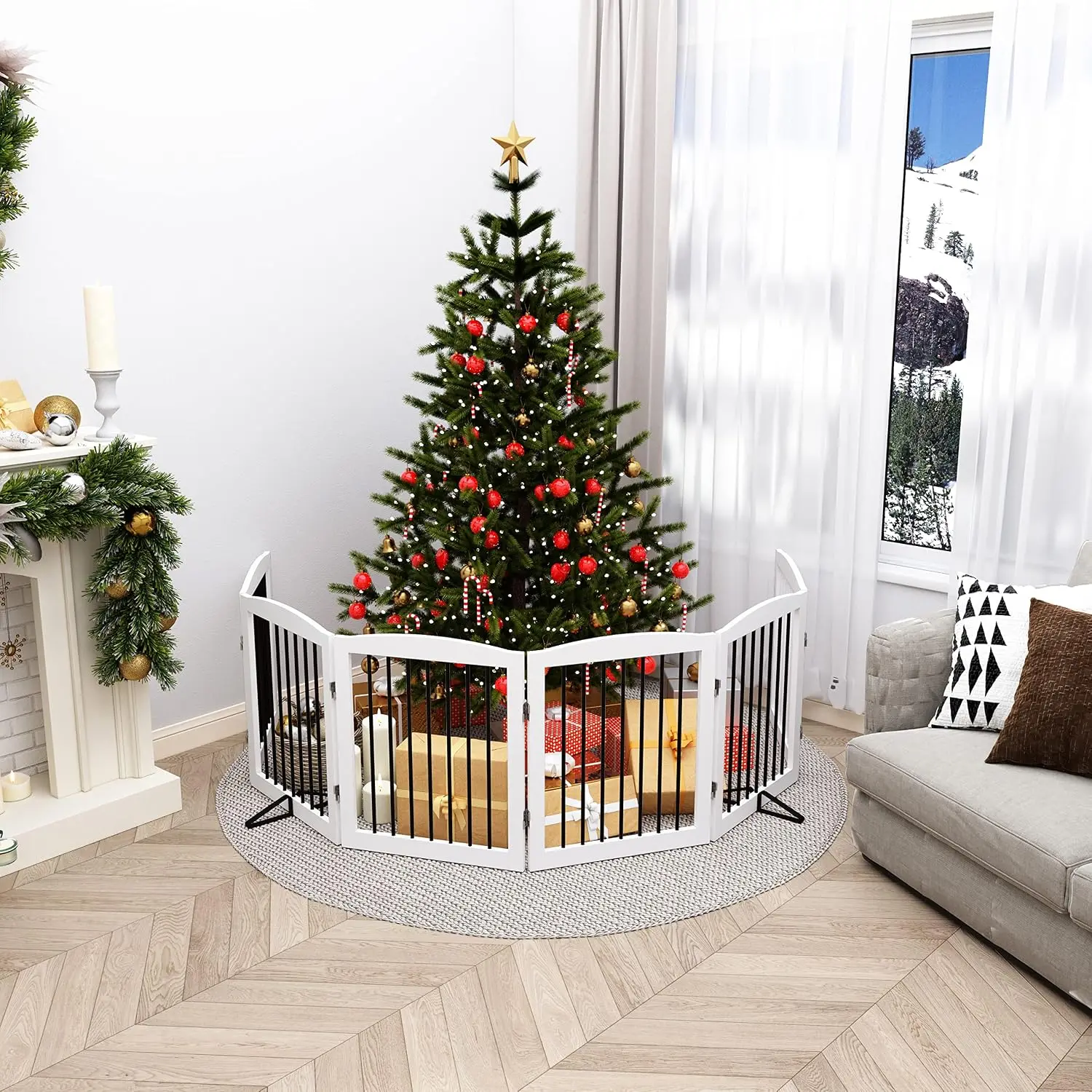Freestanding Pet Gate for Dogs, Foldable Wooden Dog Gate for House, Extra Wide Indoor Pet Barrier for Stair, Doorway, Hall, Supp