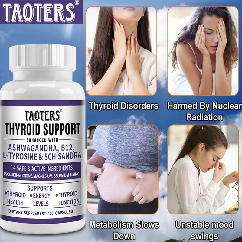 Taoters Thyroid Support Supplement - Metabolism, Mood Health, Energy and Focus Support Formula - with Vitamin B12, 120 Capsules