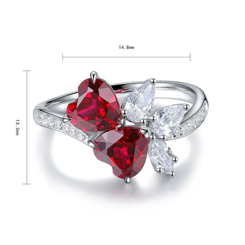 New Design Double Lab Grown Pigeon Blood Red Ruby Heart Shape Gemstone Silver Plated White Gold Heart Ring Jewelry