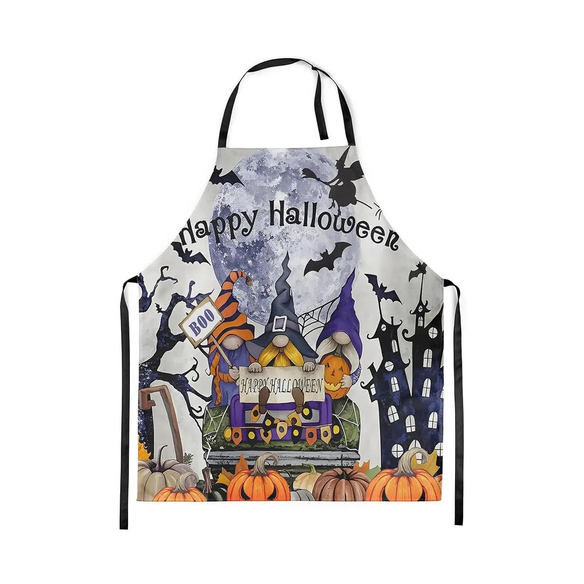 

Cartoon Gnome Cooking Apron,Happy Halloween Chef Waterproof Apron,Bats Castle Silhouette Kitchen Apron
