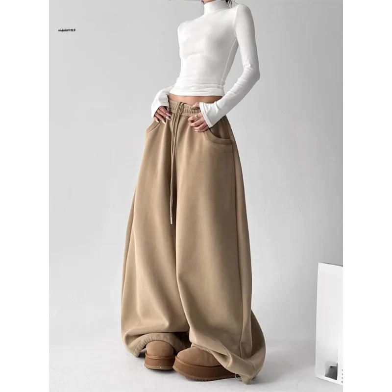 

2025 Women's Winter Sports Pants with Plush and Thick Casual American Style Loose Fit High Waisted Wide Leg Floor Length Pants