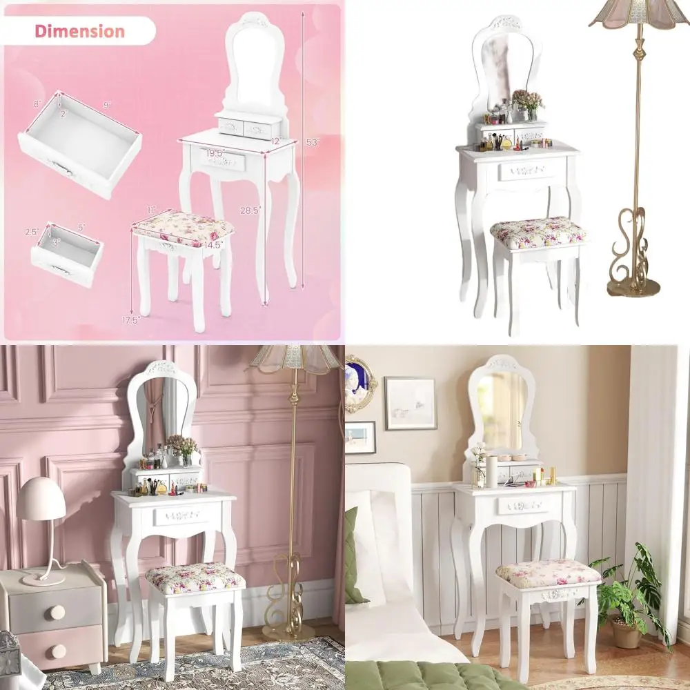 

Компактный белый туалетный столик с зеркалом, мягким сиденьем и 3 ящиками для девочек, для спальни или небольшой комнаты
