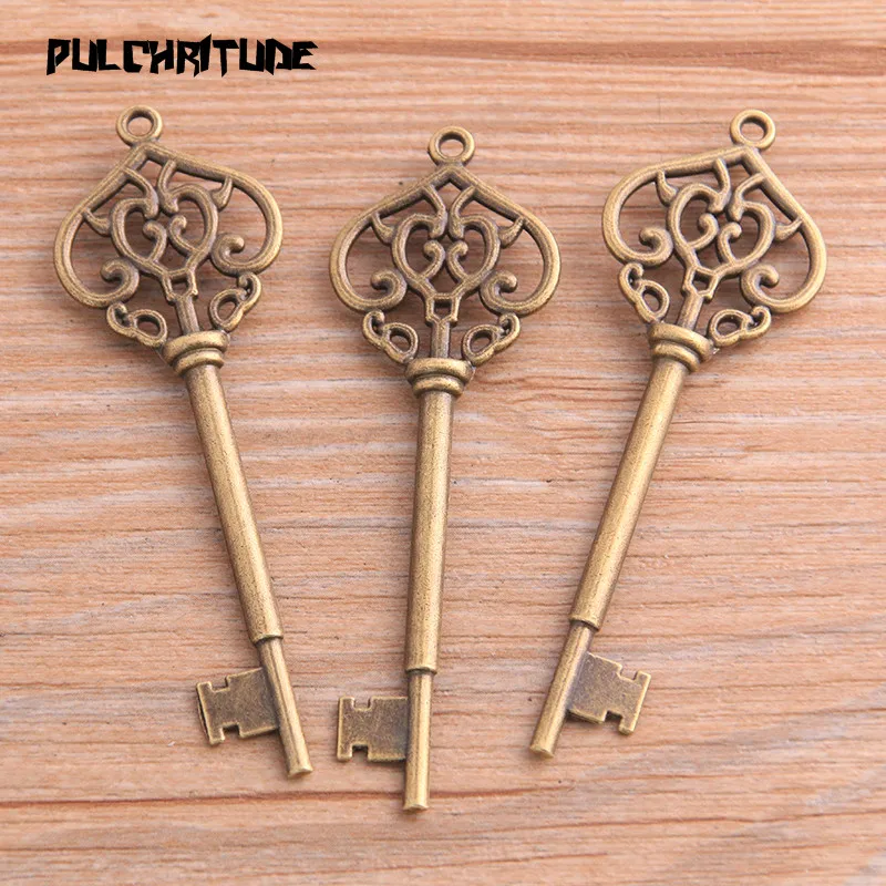 6pcs 22*69mm Two Color Hollow Key Charms Pendants Handmade Decoration Vintage For DIY Jewelry Making Findings