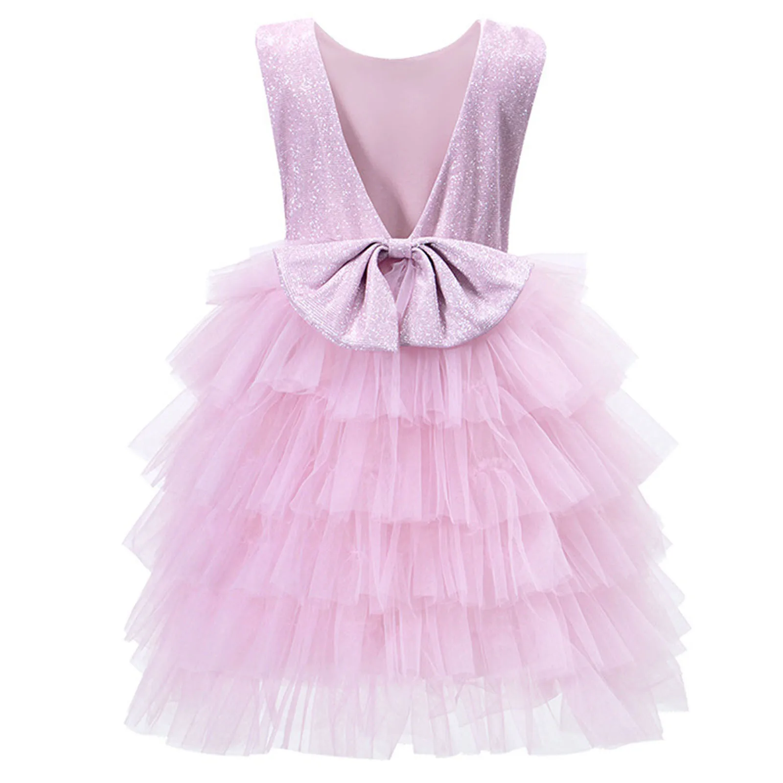 Girls Shimmery Birthday Party Dress Kids Sleeveless Big Bow V-back Tiered Ruffle Tulle Prom Dress Wedding Flower Girl Dresses - view 3
