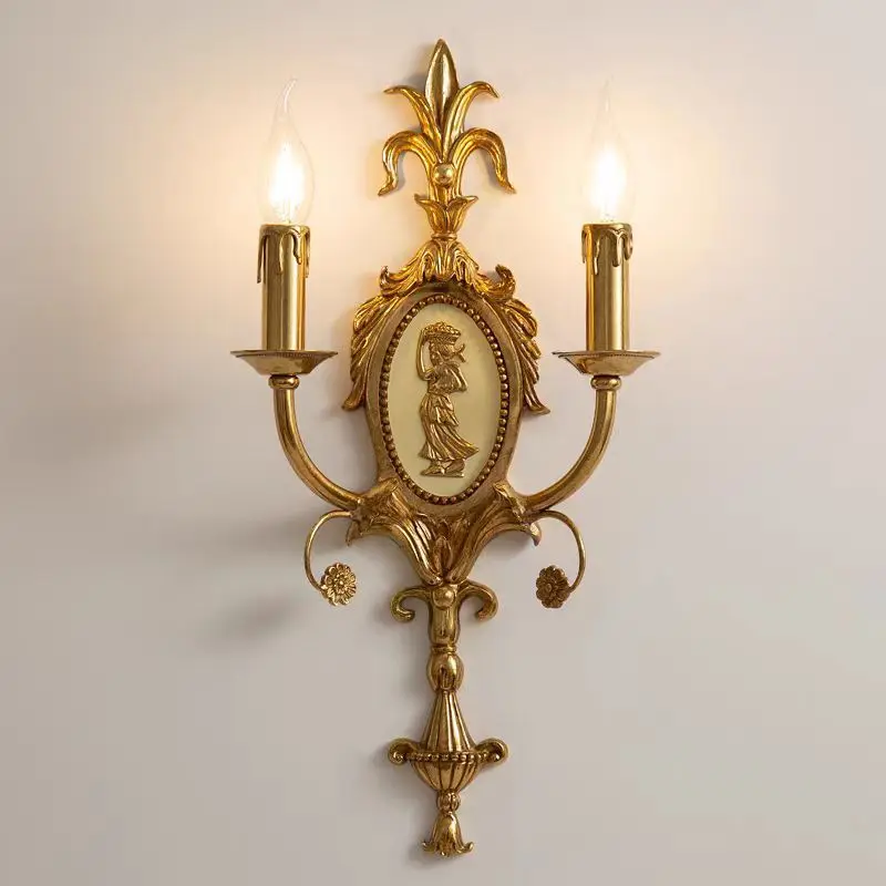 American Unique Hotel Wall sconce Light Bedroom Hallway Brass Wall Lamp Villa Style Living Room Copper Double Candle Light