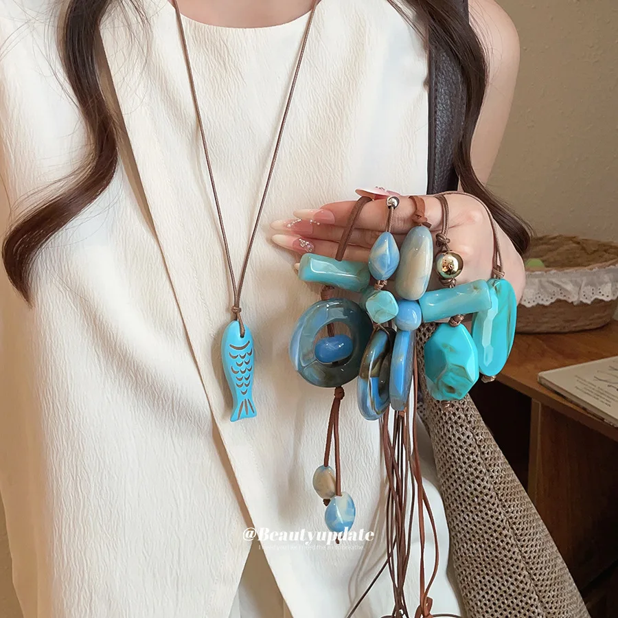 Ethnic Tribal Fish Pendant Leather Cord Long Necklace Chunky Marbled Turquoise Bead Charm Coastal Summer Beach Style Jewelry