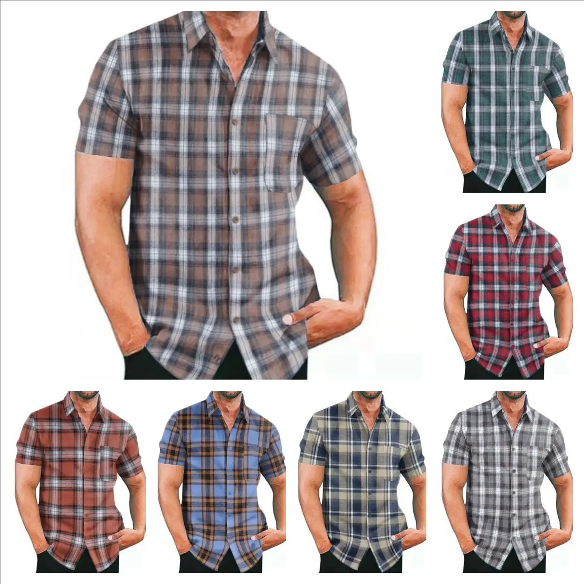 Yarn-dyed Plaid Men's Shirt New Short-sleeved Cardigan European Size