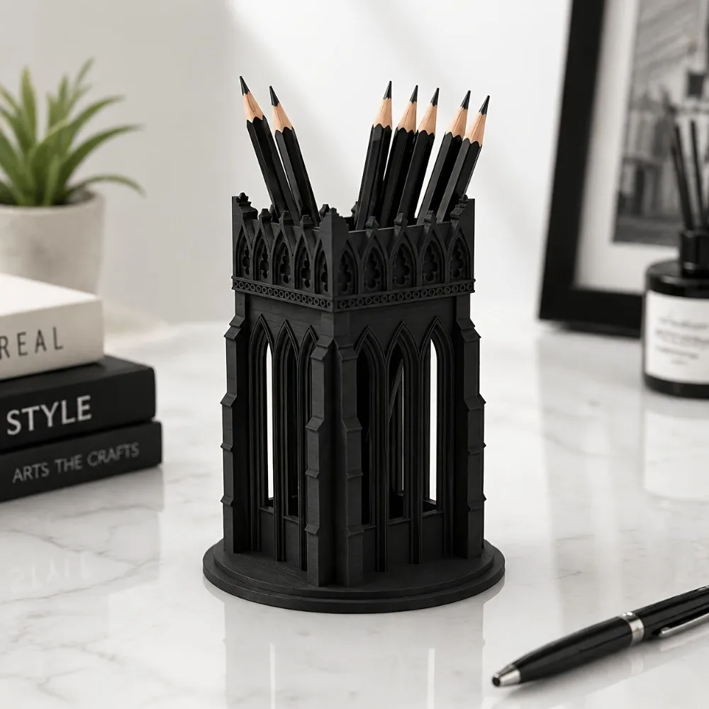 Retro Gothic Church-Style Pen Holder Delicate 3D Printed Desktop Ornament Classic Large Capacity Storage Display Shelf