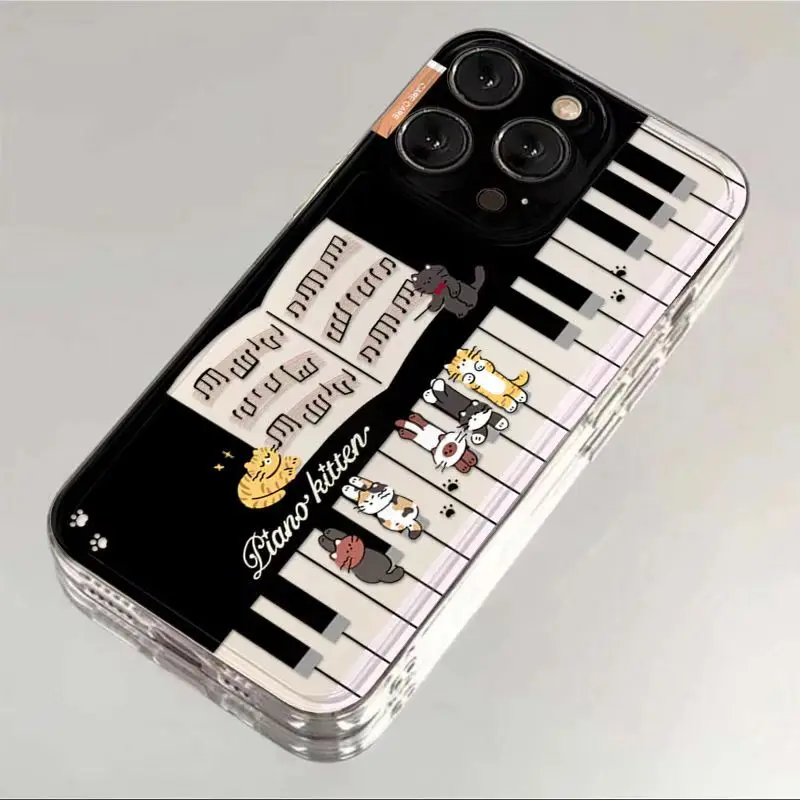 Custodia per telefono Pianoforte con gatto cartone animato per iPhone 16 15 14 13 12 11 Pro Max XR X XS 13 12 Mini Cover morbida e trasparente