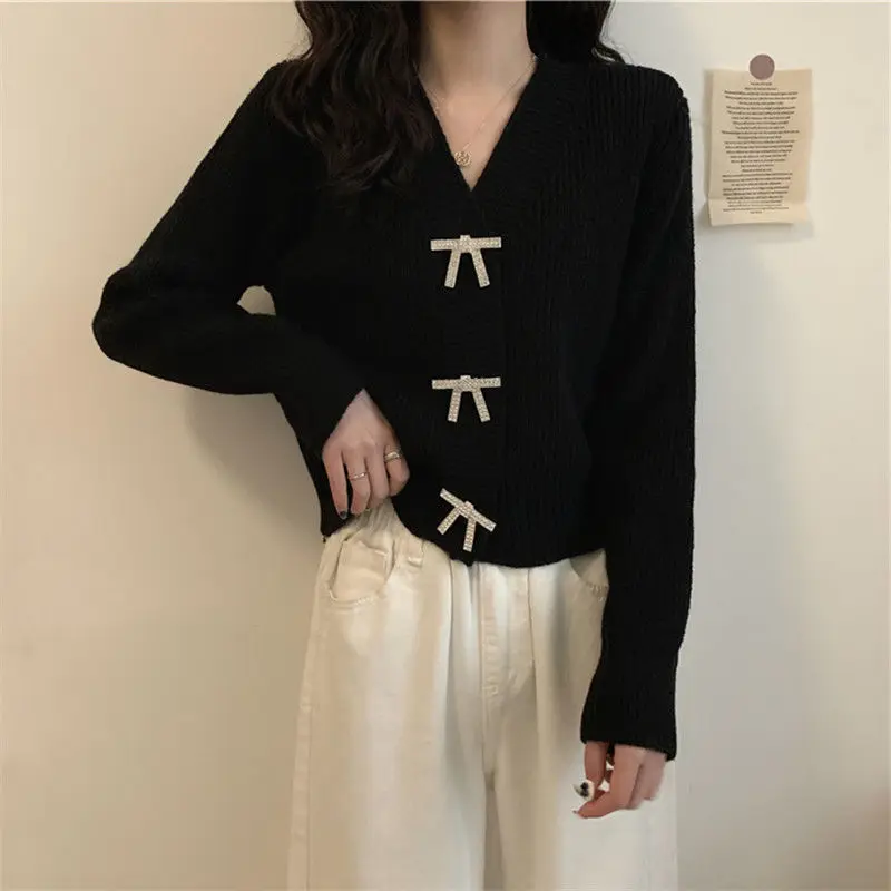 Casual V-Neck Short Loose Sweaters Spring Autumn New Solid Color Female Clothing Korean Long Sleeve Fashion Bow Knitted Cardigan