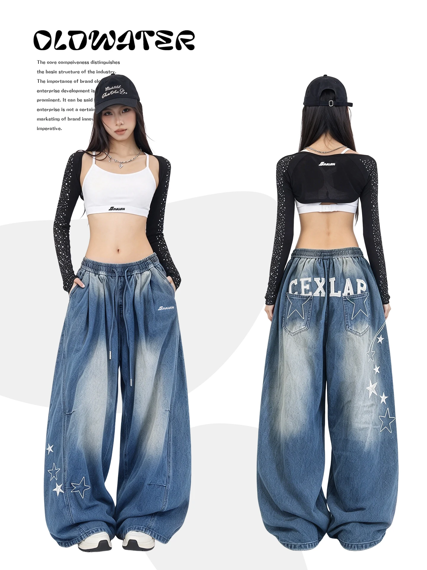Blue American Hip Hop Jazz Embroidered Lettering Star Design Casual Sports Dance Low Waist Loose Fit Women's Jeans