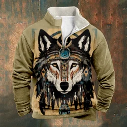 Patchwork Men's Hoodie Vintage Graphic Wolf Sweatshirts Long Sleeve Stand Collar Zipper Casual Pullovers For Men Sweatshirt