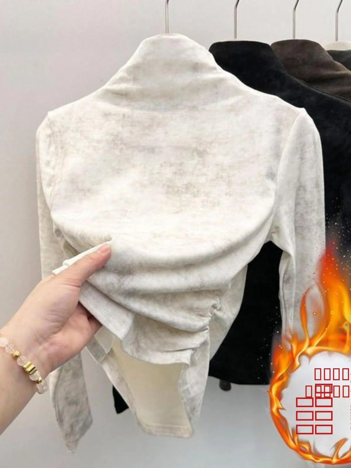 厚手のタイダイフリースベースシャツデザイン、ハーフハイカラー、プリーツウエスト、スリムフィット、ジャーマンベルベット、長袖、耳当て付き