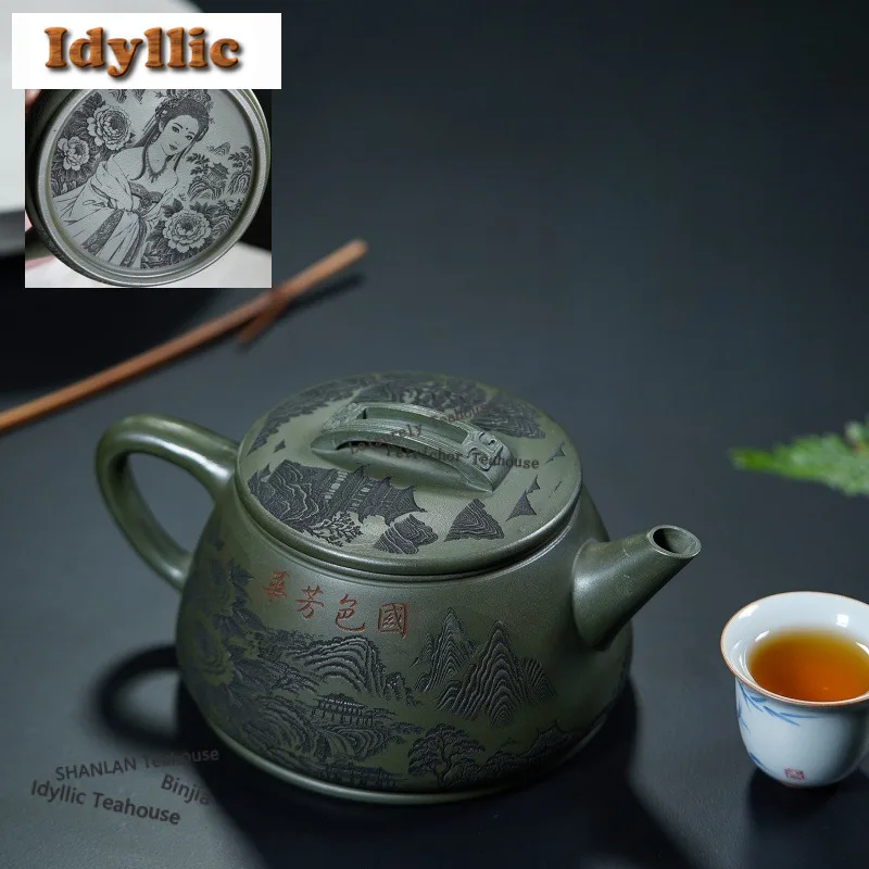 620ml Vintage Yixing Purple Clay Teapots Handmade Large Caliber Pot Raw Ore Green Mud Kettle Zisha Teaset Tea Services Ornaments