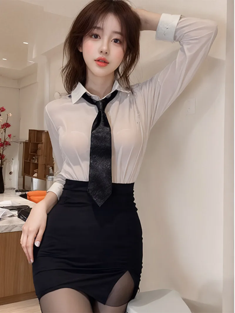 

Temptation Secretary Sexy Female Skirt Sets Transparent Tie Ditch Pure Charming Suit Collar Long Sleeved Skirt Sets Casual I1AH