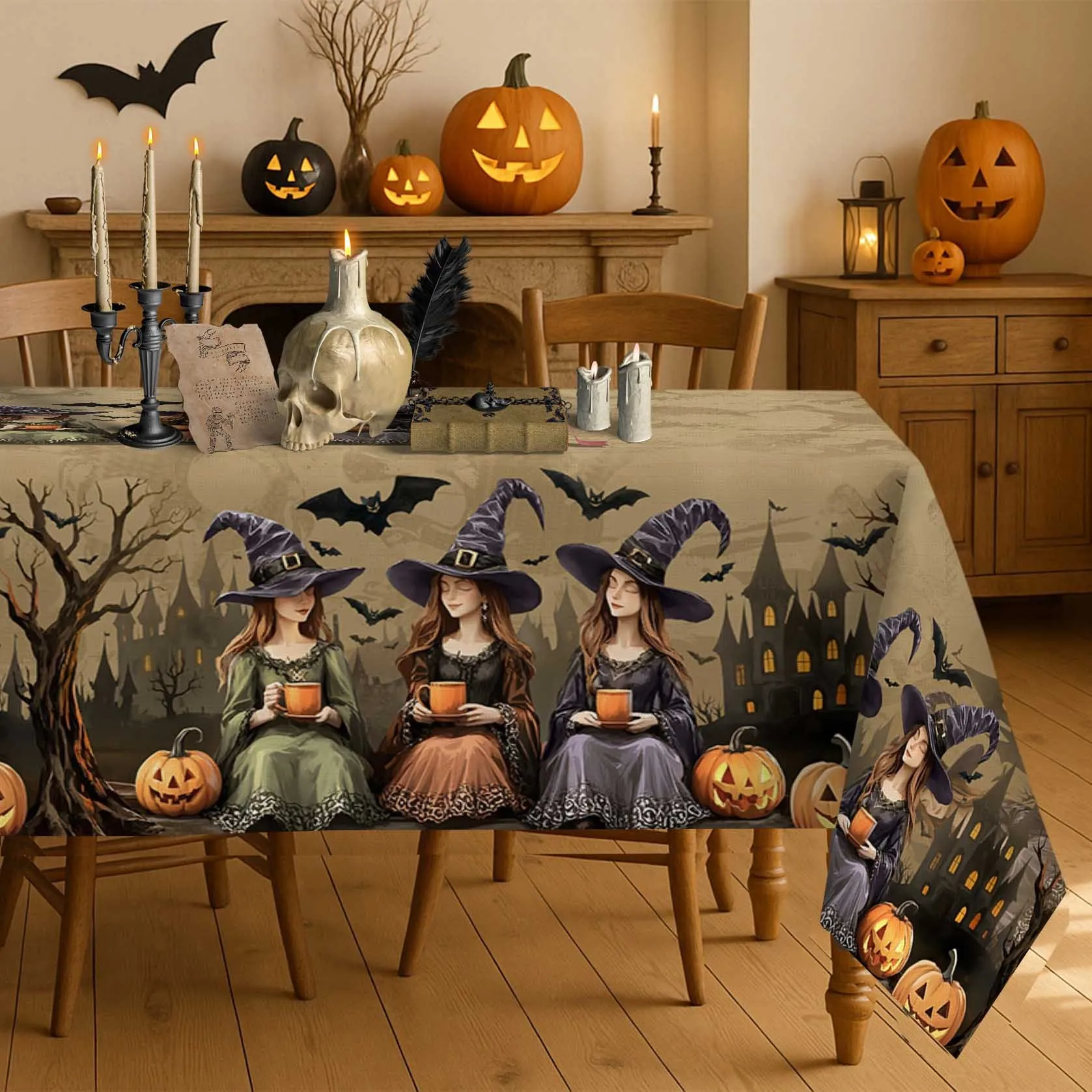 One Halloween tablecloth - Witch Castle design, brown skull backgroundZYC