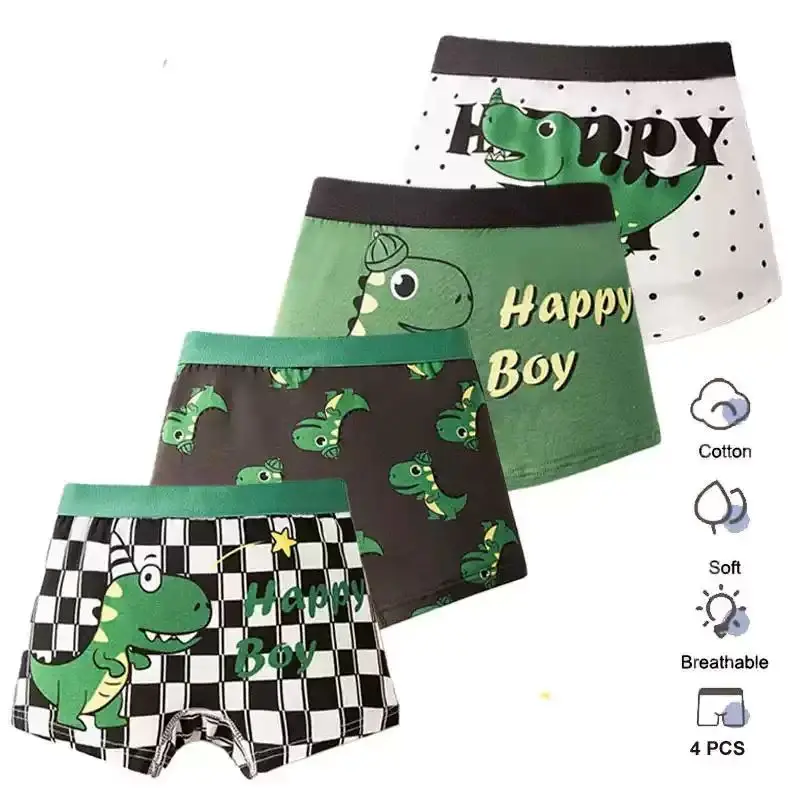 4 Pcs Boys Dinosaur Cotton Boxer Shorts, 4 Pack Soft Breathable Kids Underwear, Cartoon Print Comfortable Children's Underpant