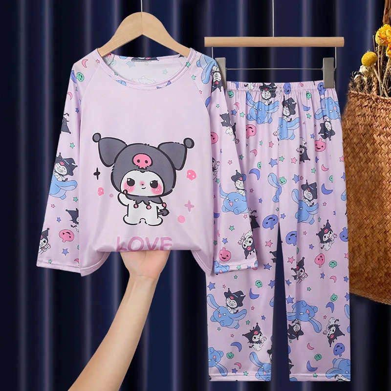 Sanrio zestaw piżam dziecięcych Kawaii Anime Hello Kitty Cinnamoroll cienki strój domowy Y2k kreskówka Kuromi moja melodia piżama prezent